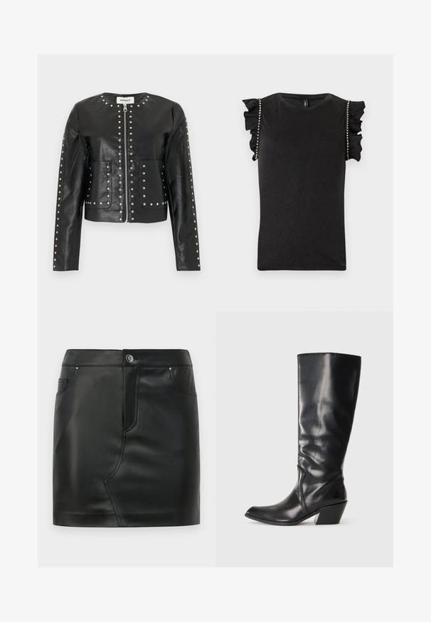 Schwarze Kunstlederjacke mit silbernen Nieten, die Reißverschluss, Kragen, Taschen und Ärmel umranden, mit rundem Ausschnitt und langen Ärmeln.; Schwarzes ärmelloses Top mit gerafften Schultern und Strassverzierungen entlang der Armausschnitte, mit rundem Halsausschnitt.; Schwarzer MINI ROCK aus Kunstleder mit vorderem Knopf, Reißverschluss, vorderen und hinteren Taschen sowie Nahtdetails.; Schwarze Leder-Stiefel bis zum Knie mit spitzem Zeh, angularer Ferse und glatter Textur. Verfügt über einen dezenten gesteppten Akzent an der Seite.