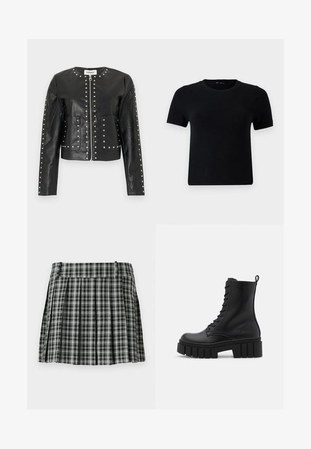 Schwarze Kunstlederjacke mit silbernen Nieten, die Reißverschluss, Kragen, Taschen und Ärmel umranden, mit rundem Ausschnitt und langen Ärmeln.; Schwarzes T-Shirt mit kurzen Ärmeln und rundem Halsausschnitt, gefertigt aus weichem Stoff. Besitzt eine klassische Passform und ein sauberes, simples Design.; Schwarz-weißer karierter, gefalteter Rock mit einem glatten Bund und mehreren vertikalen Falten. Aus leichtem Stoff gefertigt.; Schwarze Lederknöchelstiefel mit klobiger, gerippter Sohle, Schnürung vorne und Zuglasche auf glattem weißen Hintergrund.