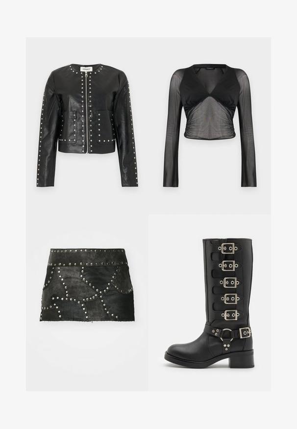Veste noire en similicuir avec des clous argentés soulignant la fermeture éclair, le col, les poches et les manches, présentant un col rond et des manches longues.; Haut court noir à manches longues avec manches et partie centrale en maille transparente, corsage uni à encolure en V, et détails froncés à la taille.; Jupe en cuir noir ornée de clous argentés décoratifs et de coutures courbes. Elle possède une taille cintrée et un ourlet qui se situe au-dessus de la mi-cuisse.; Botte noire haute jusqu'au genou en cuir lisse, ornée de six boucles en métal argenté, d'une large sangle avec un anneau en O et d'un solide talon bloc.