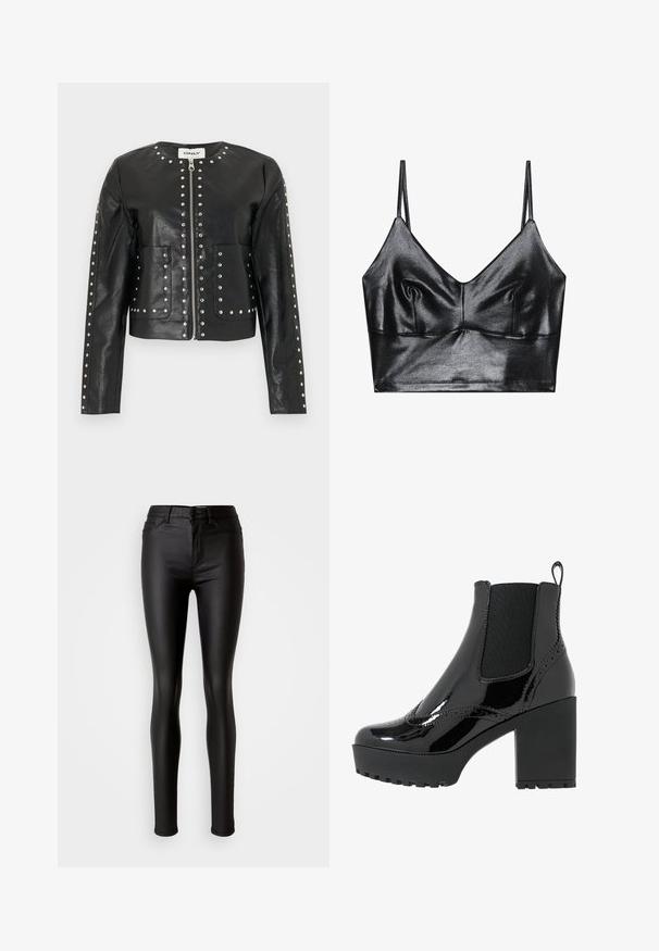 Veste noire en similicuir avec des clous argentés soulignant la fermeture éclair, le col, les poches et les manches, présentant un col rond et des manches longues.; Bralette noire et brillante avec des fines bretelles réglables, présentant un décolleté en V, une texture lisse et un léger plissé au niveau de la poitrine pour la forme.; Jean skinny en simili cuir noir avec une texture lisse, taille haute, fermeture bouton et design traditionnel à cinq poches.; Bottes de cheville en cuir verni noir avec une semelle épaisse et un talon haut, dotées de panneaux latéraux en élastique et de détails de couture décoratifs.