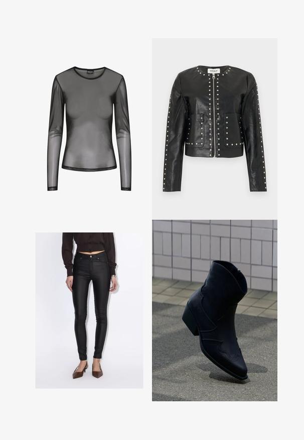 Zwarte jas van kunstleer met zilverkleurige studs langs de rits, kraag, zakken en mouwen, met een ronde halslijn en lange mouwen.; Zwart langmouwig mesh-shirt met een ronde halslijn, gemaakt van doorschijnende stof en een aansluitende pasvorm. De randen zijn afgewerkt met zwarte stiksels.; Vrouw draagt zwarte hoge taille skinny broek, een cropped donkerbruin overhemd met knopen en bruine puntige hakken.; Zwarte leren enkellaars met lage hak, decoratieve stiksels en puntige neus, rechtop geplaatst op een betegelde ondergrond naast een betegelde muur.