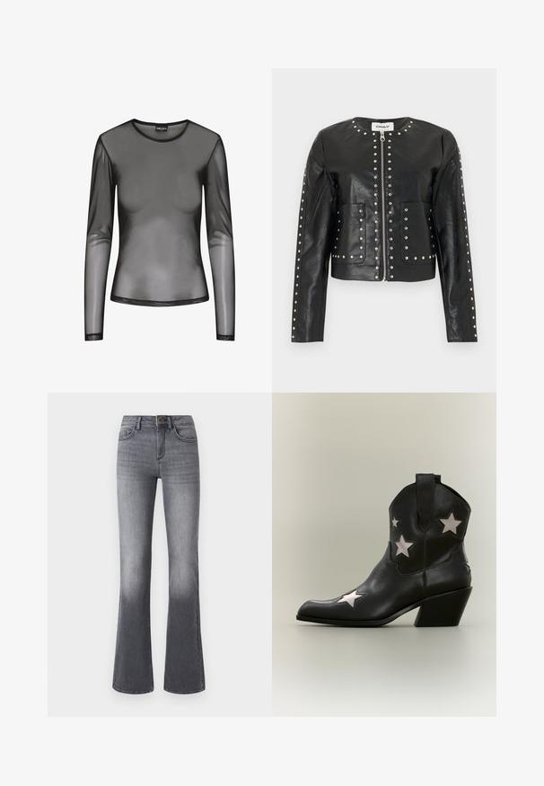 Veste noire en similicuir avec des clous argentés soulignant la fermeture éclair, le col, les poches et les manches, présentant un col rond et des manches longues.; Haut long noir à manches longues en maille avec un col rond, présentant un tissu transparent et une coupe ajustée. Les bords sont finis avec des surpiqûres noires.; Jean flare taille haute en denim gris foncé, avec poches frontales, fermeture à bouton et légère décoloration vers l'ourlet.; Bottine cowboy en cuir noir, hauteur cheville, avec un talon biseauté de hauteur moyenne et des découpes blanches en forme d’étoile sur les côtés et le bout.