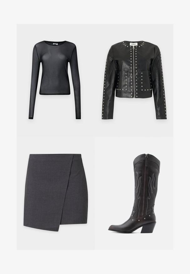 Schwarze Kunstlederjacke mit silbernen Nieten, die Reißverschluss, Kragen, Taschen und Ärmel umranden, mit rundem Ausschnitt und langen Ärmeln.; Schwarzes, langärmliges, transparentes Mesh-Oberteil mit Rundhalsausschnitt und figurbetonter Silhouette, präsentiert vor schlichtem Hintergrund.; Dunkelgrauer Minirock im Wickelstil mit klaren Linien und einem dezenten seitlichen Überlappungsdetail.; Braune Cowboy-Stiefel aus Leder mit Flammenstickerei, seitlichem Reißverschluss, silbernen Nieten, spitzer Zehenpartie und geschichtetem Absatz.