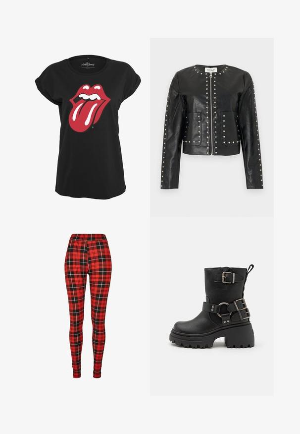 Veste noire en similicuir avec des clous argentés soulignant la fermeture éclair, le col, les poches et les manches, présentant un col rond et des manches longues.; T-shirt noir en coton avec un motif graphique en rouge et blanc du logo des Rolling Stones représentant des lèvres et une langue sur le devant. Encolure ronde.; Leggings à carreaux rouges présentant un motif à damiers noir et blanc. Fabriqués en matière extensible avec un design taille haute.; Bottine en cuir noir avec une semelle épaisse, accents de boucle et de sangle, et une finition texturée. Équipée d'une languette pour un enfilage facile.