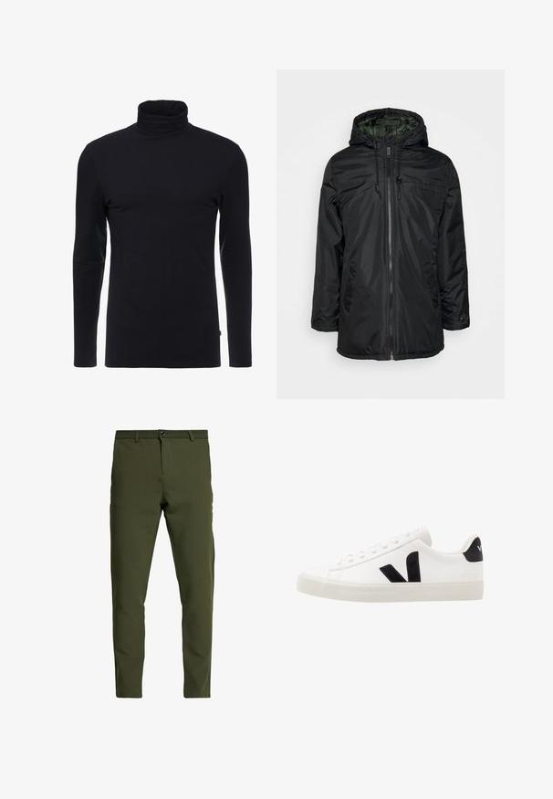 Chaqueta negra aislante con capucha, cremallera frontal y cordón ajustable. Cuenta con un exterior liso, bolsillos laterales y un interior forrado en verde.; Camisa de cuello alto negra de manga larga, hecha de una tela suave y elástica. Presenta un diseño ajustado y una textura lisa. Sin patrones ni acentos visibles.; Pantalones verde oliva con corte ajustado, hechos de una tela suave y duradera. Presentan una bragueta con cremallera, cierre de botón y bolsillos estándar.; Zapatilla de cuero blanca con acentos de ante negro; presenta una suela de goma, puntera redonda y un diseño clásico de cordones. Logo lateral en negro.