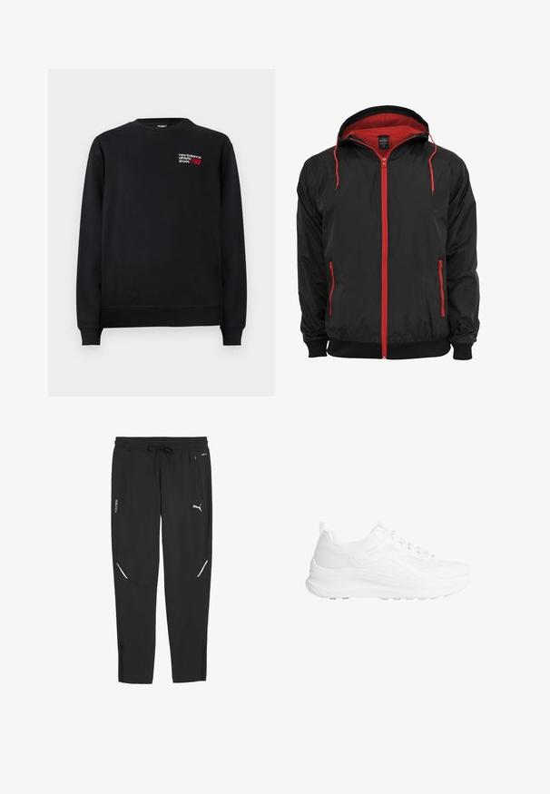 Sort jakke med rød indvendig foring og lynlås. Har rød lynlås og snoretræk, to sidelommer med lynlåse og ribbede manchetter.; Sort sweatshirt lavet af bomuldsblanding, med rund hals, ribbede manchetter og et lille rødt og hvidt "New Balance"-logo på brystet.; Sorte Puma træningsbukser med elastisk talje, snor, lynlåslommer i siderne og hvidt Puma-logo på højre ben.; Hvid lavtop atletiksneaker med tekstureret strikket overdel, tyk polstret sål, snørebånd foran og subtil branding på sidepanelet.