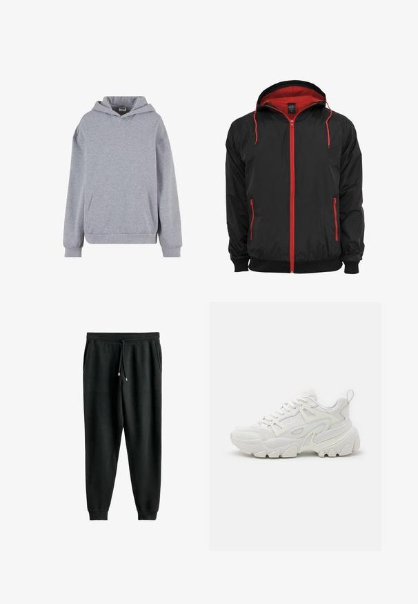 Zwarte jas met een rode binnenvoering en rits. Beschikt over een rode rits en trekkoorden, twee zijzakken met ritsen en geribbelde manchetten.; Lichtgrijze pullover hoodie met lange mouwen, voorzak met kangoeroezak en geribde boorden op een witte achtergrond.; Zwarte sweats met een trekkoord in de taille, zijzakken, taps toelopende pijpen en ribgebreide boorden. Gemaakt van zacht materiaal met een gladde textuur.; Witte sportieve sneakers met een gestructureerde bovenkant, mesh panelen, een opvallende rubberen zool en decoratieve uitsparingen aan de zijkanten.