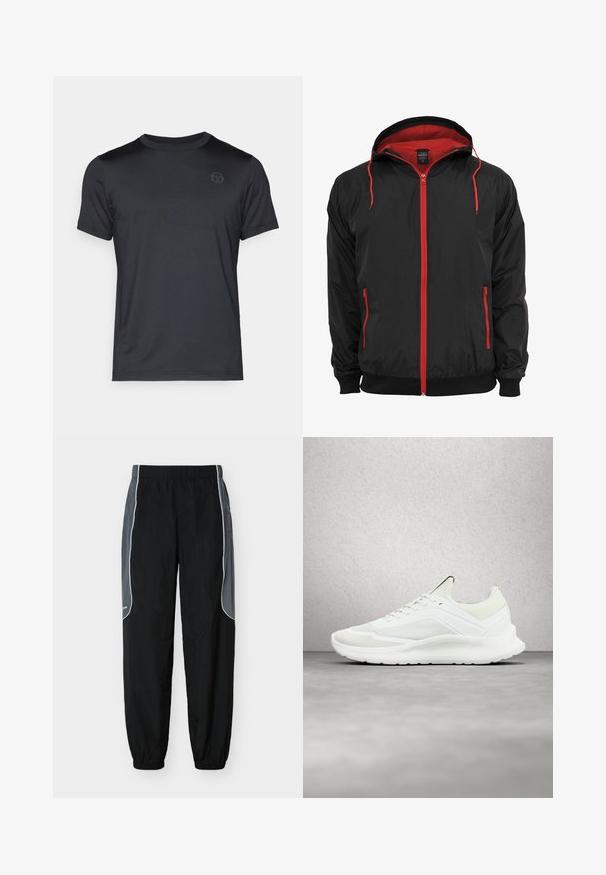 Veste noire avec une doublure intérieure rouge et une fermeture éclair. Équipée d'une fermeture éclair rouge et de cordons de serrage, elle dispose de deux poches latérales avec des fermetures éclair et de poignets côtelés.; T-shirt noir à manches courtes en tissu lisse, doté d'un col rond et d'un logo discret sur la poitrine. Coupe décontractée sans motifs visibles.; Pantalon de survêtement noir avec des panneaux latéraux gris foncé et un liseré blanc, taille et poignets élastiques, présenté sur un fond blanc.; Baskets blanches Calvin Klein avec détails en mesh et lacets, flottant au-dessus d'un sol en béton à côté d'un mur en blocs de verre.