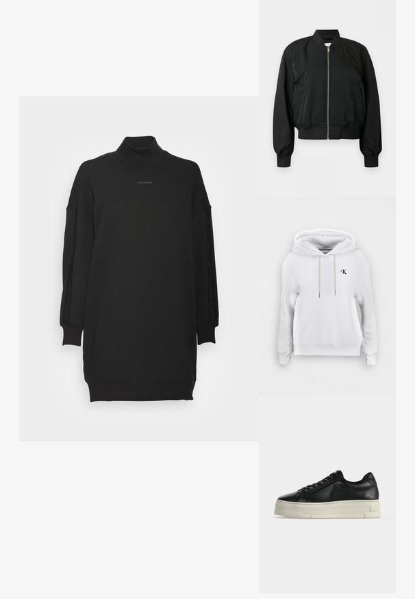 Chaqueta bomber negra con cremallera frontal, cuello, puños y dobladillo acanalados, además de dos bolsillos laterales sobre un fondo liso.; Sudadera blanca con capucha, cordones delanteros y pequeño logo negro de "cK" en el lado izquierdo del pecho, puños y bajo acanalados.; Calvin Klein Jeans LOGO TRIM MOCK NECK DRESS - Vestido informal - black; Zapatilla deportiva baja de cuero negro con suela plataforma blanca gruesa y cordones negros sobre un fondo claro y liso.