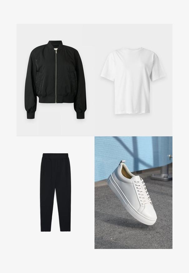 Schwarze Bomberjacke mit Frontreißverschluss, geripptem Kragen, Bündchen und Saum sowie zwei seitlichen Taschen vor einfachem Hintergrund.; Schlichtes weißes Kurzarm-T-Shirt mit Rundhalsausschnitt, flach auf einem hellgrauen Hintergrund dargestellt.; Schwarze Jogginghosen aus weichem Stoff, mit einem dehnbaren Bund, Seitentaschen und schmalen Beinen für eine taillierte Optik.; Weißes Leder-Sneaker mit flachen Schnürsenkeln, runder Zehenpartie, Gummisohle und einem kleinen Zieh-Tab an der Ferse. Glatte Textur mit minimalen Design-Details.