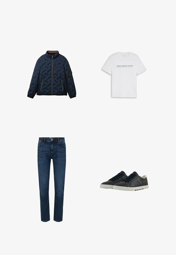 Navyblaue Steppjacke mit hohem Kragen, schrägen Reißverschlusstaschen, elastischen Bündchen und strukturiertem Steppmuster. Enthält eine kleine Tasche am Arm.; Weißes T-Shirt mit kurzen Ärmeln und Rundhalsausschnitt, mit dem Text "DENIM DESIGN STUDIO" zweimal grün über der Brust gedruckt.; Dunkelblaue Denim-Jeans mit geradem Schnitt, Fünf-Pocket-Design und Druckknopfverschluss. Verstärkte Nähte an den Nähten und ein leichter Verblassungseffekt.; Marineblaue Leder-Sneaker mit weißen Gummisohlen, runder Spitze und schwarzen Schnürsenkeln. Subtile Texturen und Branding an den Seiten. Lässiges Design.