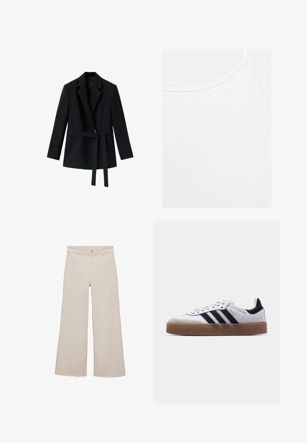 Sort skræddersyet blazer med lange ærmer, notch reverskrave, enkeltknapslukning og matchende bælte bundet om taljen på hvid baggrund.; Simpel hvid tanktop med rund halsudskæring og synlige syninger langs kanterne.; Beige brede jeans med høj talje, lavet af denimstof. Har en rå kant forneden samt en frontknap og lynlås lukning.; Hvide lædersneakers med sorte striber, gummirubber sål, rund tå, snørelukning og blød grå ruskinds tåhætte.