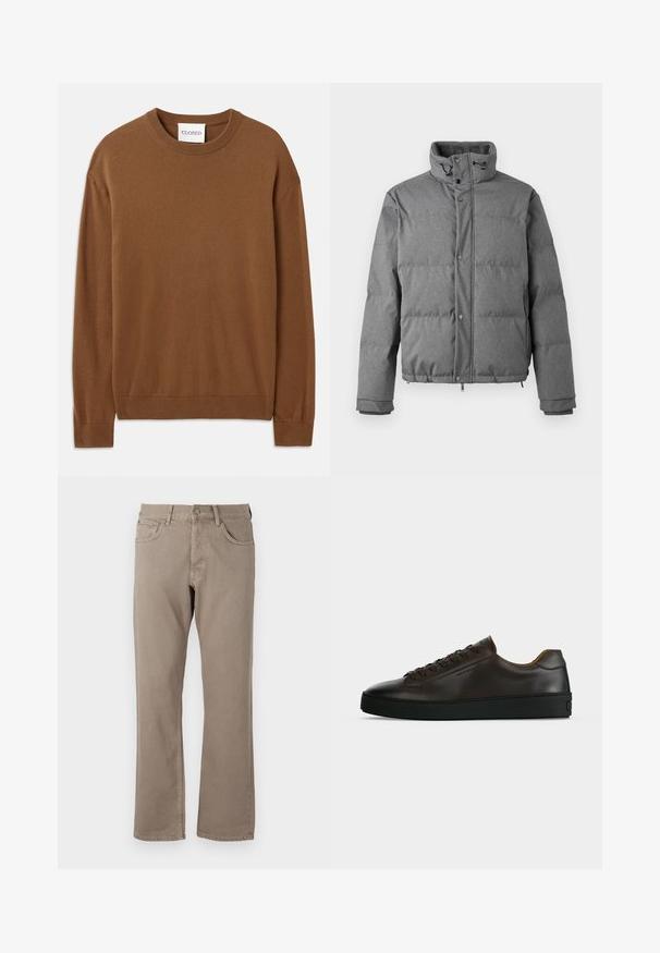 Iceberg PIUMINO - Dunjakker - grigio scuro; CLOSED CREW NECK LONG SLEEVE - Striktrøje - light mocha brown; Beige lige bukser lavet af bomuldsstof, med fem lommer, en knap- og lynlås lukning samt synlig syning langs sømmene.; Lavprofil mørkebrune lædersneaker med sort gummisål, snørelukning foran og glat minimalistisk design på lys baggrund.