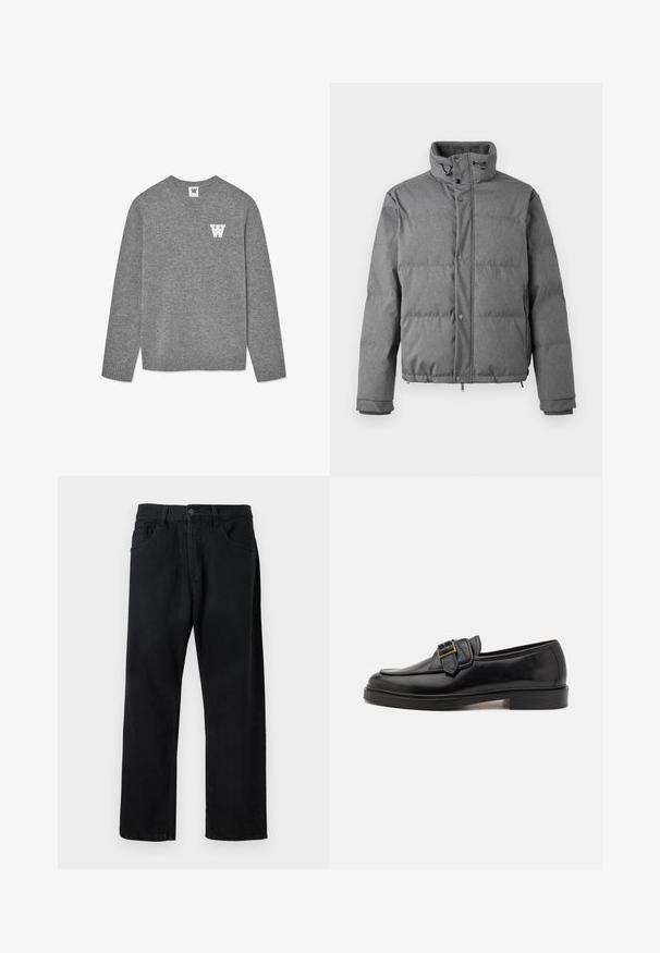 Iceberg PIUMINO - Dunjakker - grigio scuro; Grå strikket sweater med en rund halsudskæring og ribbede manchetter. Et hvidt bogstav "W" er broderet på venstre bryst. Blød tekstur.; Sorte jeans lavet af denim, med et klassisk fem-lomme design, lige ben og knaplukning. Glat tekstur, ingen synlige mønstre.; Sorte læder loafers med rund tå og en dekorativ spændeaccent. Flad, solid hæl og glat tekstur hele vejen igennem.