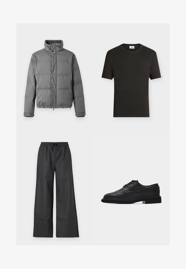 Iceberg PIUMINO - Gewatteerde jas - grigio scuro; Effen zwart T-shirt met korte mouwen, geribd en ronde hals, met een klein wit merklabel aan de binnenkant van de achterste kraag.; Han Kjøbenhavn RELAXED TRACK TROUSERS - Broek - black; Zwarte leren veterschoen voor heren met gladde afwerking en dikke rubberen zool, zijaanzicht op witte achtergrond.