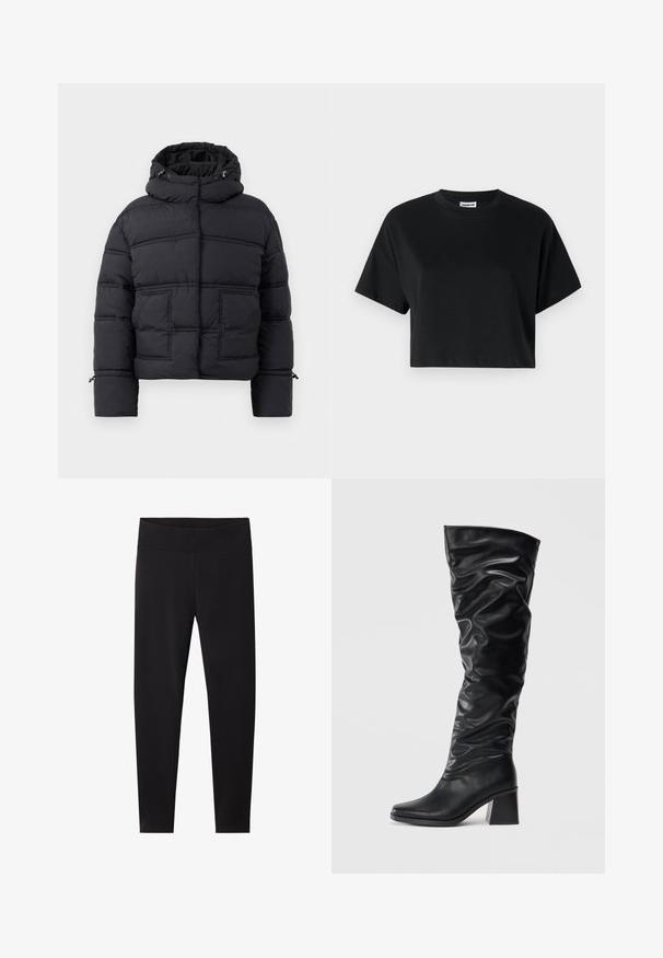 Chaqueta acolchada negra con cuello alto, dos bolsillos delanteros y capucha con cordones. Presenta un diseño acolchado y puños de canalé para mayor calidez.; Camiseta corta negra con mangas cortas, cuello redondo, fabricada en suave tela de algodón, con un diseño minimalista y detalles de costura sutiles.; Leggings negros con una cinturilla elástica gruesa. Hechos de un material suave y elástico, ajustados para un silueta entallada y sin patrones visibles.; Botas negras hasta la rodilla hechas de cuero brillante con un diseño arrugado, puntera afilada y un tacón grueso. Textura suave con un brillo sutil.
