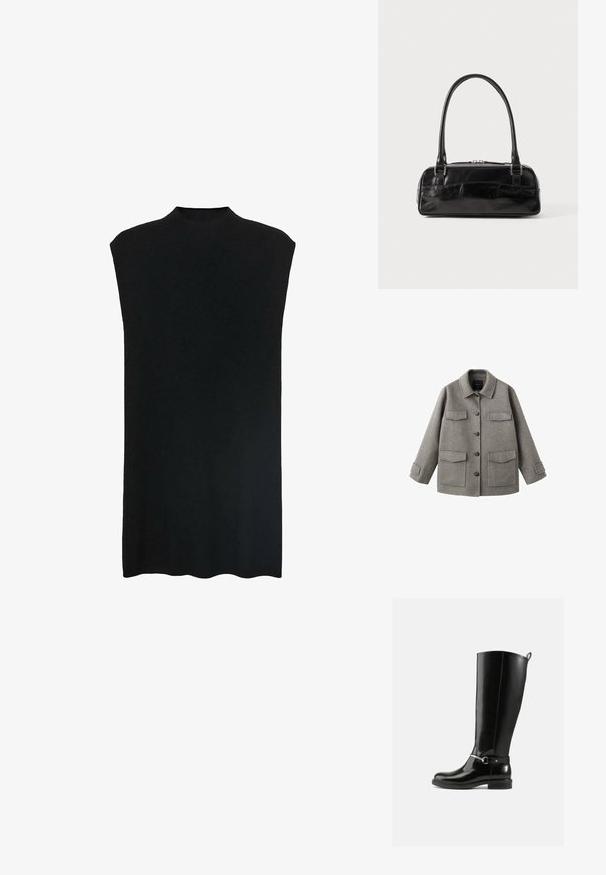 Chaqueta de lana gris con cierre de botones, cuello y dos grandes bolsillos en el pecho. Presenta una silueta cuadrada y tiras ajustables en las mangas.; Túnica negra sin mangas con un cuello alto, tejido suave, corte holgado y una silueta recta. El dobladillo es ligeramente curvado en la parte inferior.; Botas negras hasta la rodilla hechas de cuero brillante, con un detalle de hebilla plateada en el tobillo y un diseño de punta redondeada. Suela plana.; Bolso de mano de cuero negro con forma rectangular, equipado con un asa estructurada, herrajes en plata y cierre de cremallera. Textura suave.