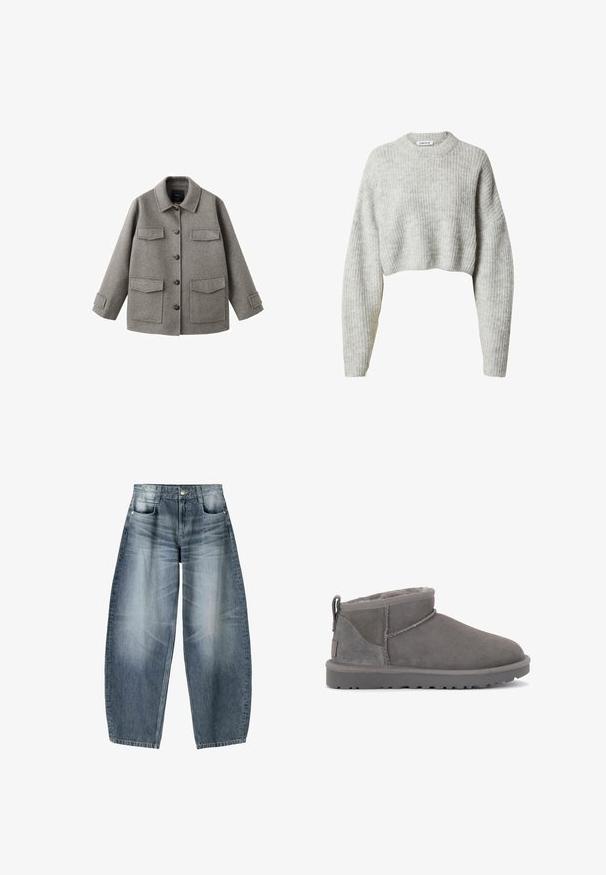 Grijs wollen jack met knoopsluiting aan de voorkant, kraag en twee grote borstzakken. Heeft een boxy silhouet en verstelbare mouwriemen.; EDITED YELLA - Trui - graumeliert; Wijd gesneden jeans van lichtblauwe denim met vervaging, met een vijf-pocket ontwerp, knoopsluiting en minimale stikdetails.; Grijze suède enkelboots met een zachte binnenvoering, minimale stitching en een gegoten rubberen zool. Voorzien van een trekband aan de achterkant.