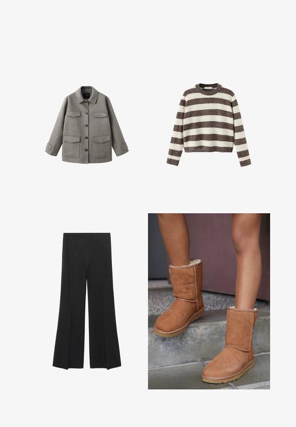 Grå uldjakke med knaplukning foran, krave og to store brystlommer. Har en firkantet silhuet og justerbare ærmestraps.; Stripet pullover sweater i creme og mørkebrun. Ribstrikket rund hals, lange ærmer og en kortet kant. Blød tekstur med en afslappet pasform.; Sorte brede bukser med diskrete lodrette striber og elastisk talje, præsenteret fladt på en hvid baggrund.; Brune ruskind ankelstøvler med rund tå, blødt foer og gummisål, der har synlige stikninger langs sømmene.