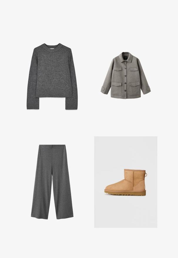 Grå uldjakke med knaplukning foran, krave og to store brystlommer. Har en firkantet silhuet og justerbare ærmestraps.; Grå strikket sweater med lange ærmer, rund hals, ribbede manchetter og kant. Blød tekstur med et let cropped design.; Grå bukser med vide ben lavet af et blødt, tekstureret stof. Har høj talje og afslappet pasform, uden synlige beslag eller mønstre.; Brune suede ankelstøvle med rund tå, stikninger, en pull tab bagpå og en tekstureret gummisål. Designet til komfort og varme.
