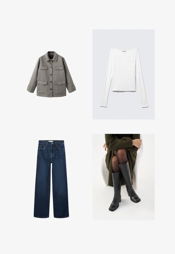Graue Wolljacke mit Knopfleiste, Kragen und zwei großen Brusttaschen. Verfügt über eine kastige Silhouette und verstellbare Ärmelriemen.; Weißes Langarmoberteil mit einem Überlappungsdesign und einer Tasche. Hergestellt aus einem glatten, elastischen Material. In einem lässigen, entspannten Schnitt.; Weite dunkelblaue Denim-Jeans mit hoher Taille, ausgestattet mit fünf Taschen und einer klassischen Knopfschließe. Glatte Textur und gerader Schnitt.; Knöchelhöhe schwarze Lederstiefel mit quadrater Spitze und Blockabsatz, gezeigt mit einem Modell, das einen olivgrünen Mantel trägt. Glatte Textur, minimale Details.