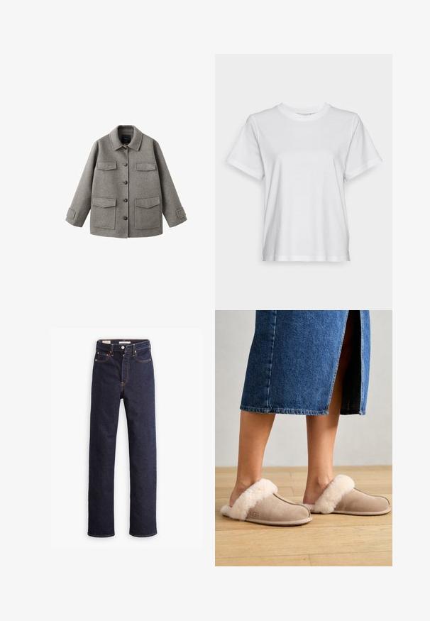Veste en laine grise avec boutons sur le devant, col et deux grandes poches poitrine. Présente une silhouette carrée et des sangles ajustables aux manches.; T-shirt en coton blanc à manches courtes, col rond et coupe décontractée. Texture lisse, sans motifs ni graphiques, design basique.; Jean en denim droit bleu foncé avec cinq poches et coutures orange visibles sur un fond blanc.; UGG SCUFFETTE II - Chaussons - sand