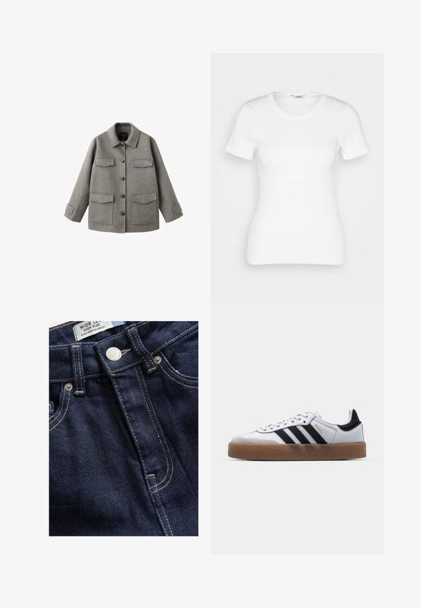 Veste en laine grise avec boutons sur le devant, col et deux grandes poches poitrine. Présente une silhouette carrée et des sangles ajustables aux manches.; T-shirt en coton blanc avec des manches courtes, un col rond et une texture côtelée. Design ajusté avec une finition lisse et nette.; Next WIDE - Wide Leg - rinse; Baskets en cuir blanc avec des rayures noires, semelle extérieure en caoutchouc beige, bout rond, fermeture lacée et embout en suède gris doux.