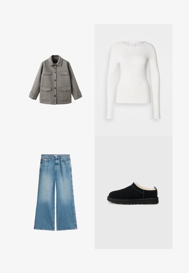 Chaqueta de lana gris con cierre de botones, cuello y dos grandes bolsillos en el pecho. Presenta una silueta cuadrada y tiras ajustables en las mangas.; Camiseta blanca de manga larga en un tejido suave y ligero con escote redondo y ajuste slim, con una textura sutil.; Jeans de pierna ancha en denim azul claro, con un lavado desgastado, dos bolsillos delanteros y un cierre de botón estándar.; Zapato slip-on de ante negro con un suave forro interior beige, puntera redondeada y suela de goma texturizada. Diseño minimalista con costuras sutiles.