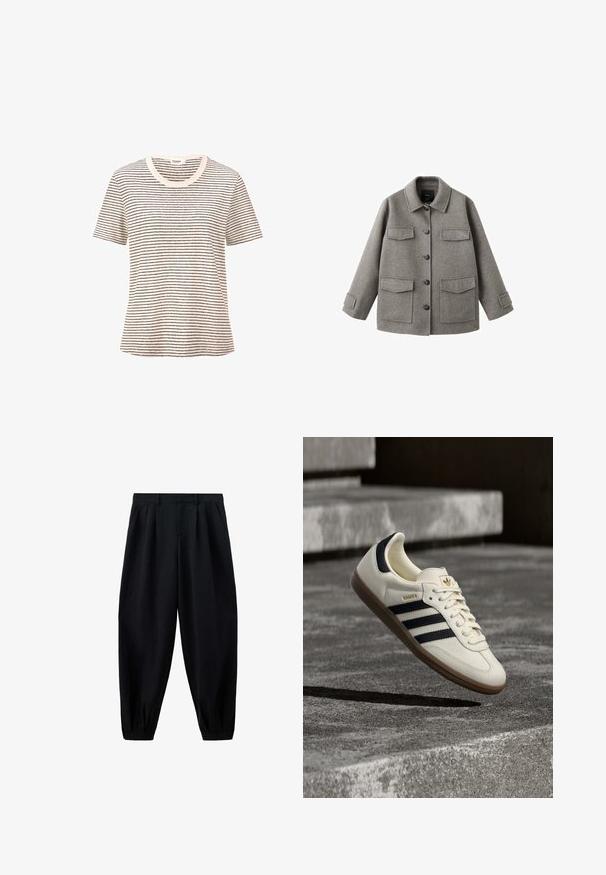 Chaqueta de lana gris con cierre de botones, cuello y dos grandes bolsillos en el pecho. Presenta una silueta cuadrada y tiras ajustables en las mangas.; Camiseta de rayas en color crema con finas líneas negras horizontales. Mangas cortas, cuello redondo, textura suave, corte relajado.; Pantalones negros de cintura alta y corte cónico con pliegues en la cintura y los bajos, y bolsillos laterales, mostrados sobre un fondo blanco.; Zapatilla blanca Adidas Samba con franjas negras y suela de goma, flotando sobre escalones de hormigón gris texturizado.