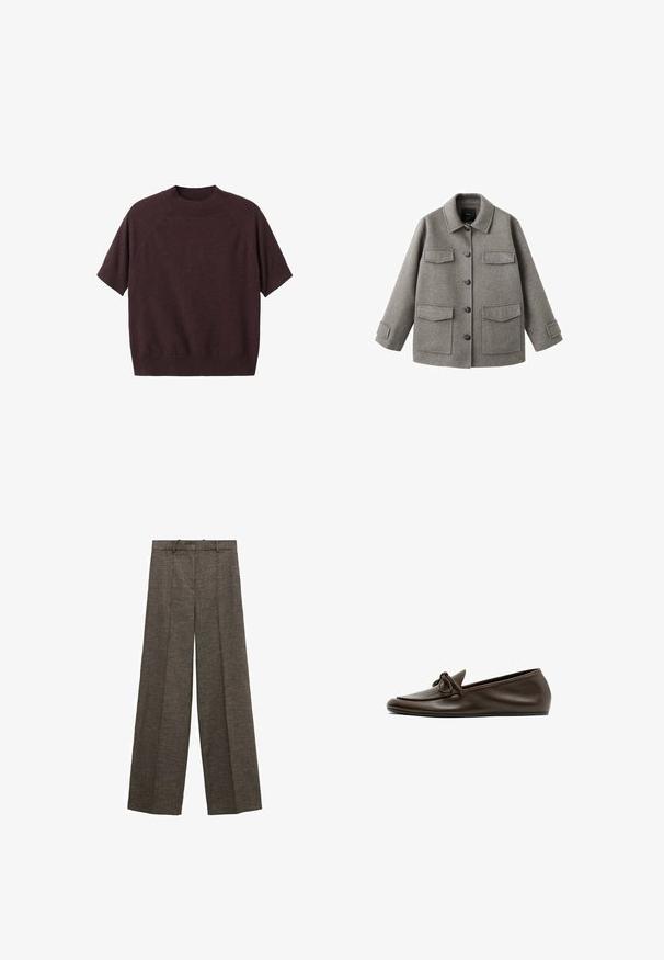 Grå uldjakke med knaplukning foran, krave og to store brystlommer. Har en firkantet silhuet og justerbare ærmestraps.; Kortærmet sweater i mørk burgundy strik. Har en ribbet rund hals og en afslappet pasform, med raglanærmer og en glat tekstur.; Brune vidde bukser med for-rynker, bæltestropper og et struktureret stof.; Mørkebrune læder flade loafers med en rundet tå og dekorativ sløjfe på overdelen, vist fra siden på hvid baggrund.