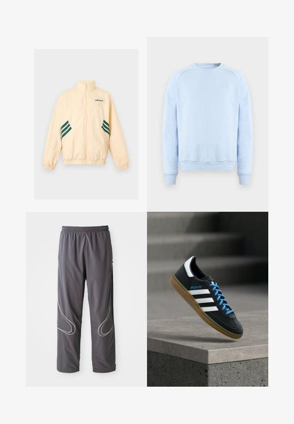 Lichtbeige Adidas trainingsjack met hoge kraag, volledige rits aan de voorkant, elastische boorden en zoom, en donkergroene Adidas-logo en strepen aan de zijkanten.; Lichtblauwe Adidas crewneck trui met lange mouwen, geribbelde boorden en zoom, en een klein wit Adidas-logo op de borst.; Heren grijze sportbroeken met een elastische tailleband, ritssloten en reflecterende witte accenten aan de zijkanten. Lichtgewicht, zachte textuur.; Zwarte Adidas-sneaker met witte strepen, blauwe veters en een gumzool die boven een grijze betonnen trede zweeft in zacht licht.