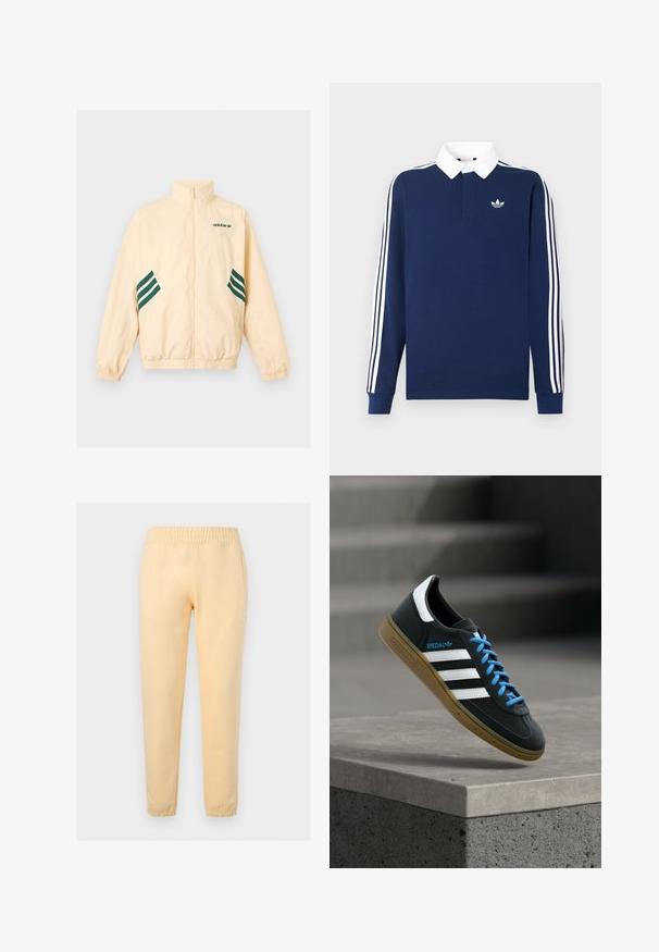 Φωτεινό μπεζ αθλητικό μπουφάν Adidas με ψηλό γιακά, φερμουάρ εμπρός, ελαστικές μανσέτες και τελείωμα, και σκούρο πράσινο λογότυπο Adidas και ρίγες στα πλάγια.; Μακρυμάνικη πόλο μπλούζα σε σκούρο μπλε χρώμα, βαμβακερό ύφασμα, λευκό γιακά, με τρεις κλασικές λευκές ριγέ κατά μήκος των μανικιών και ένα μικρό λογότυπο στο στήθος.; Ανοιχτό κίτρινο στενό παντελόνι φόρμας με ελαστική μέση και μανσέτες στους αστραγάλους, με διακριτικό λευκό λογότυπο Adidas trefoil στο αριστερό μηρό.; Μαύρο αθλητικό παπούτσι Adidas με λευκές ρίγες, μπλε κορδόνια και καουτσούκ σόλα να αιωρείται πάνω από γκρίζο τσιμεντένιο σκαλοπάτι σε απαλό φως.