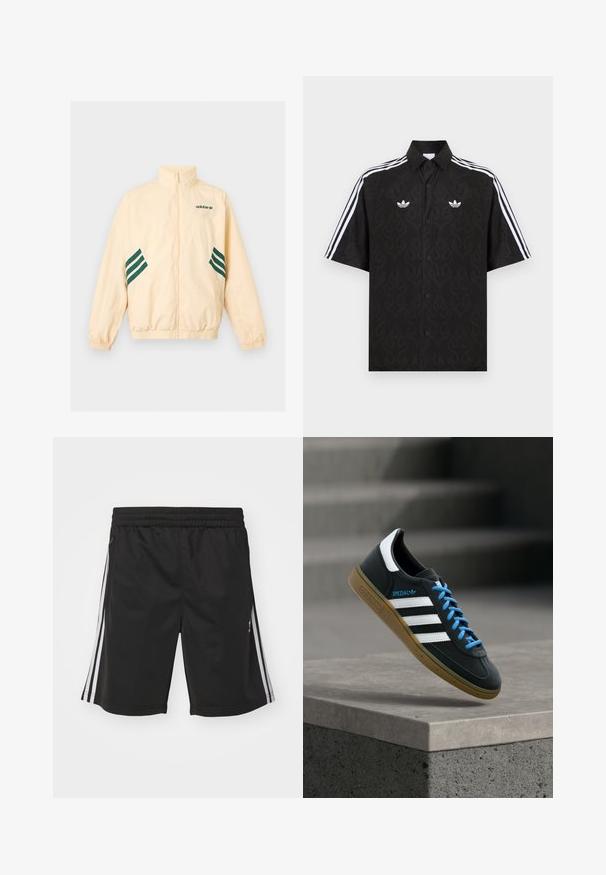 Lyse beige Adidas træningsjakke med høj krave, fuld frontlynlås, elastiske manchetter og kant samt mørkegrønt Adidas-logo og striber på siderne.; Sort kortærmet skjorte med knapper og et subtilt flammemønster, hvide Adidas trefoil-logoer på brystet og hvide tre striber på ærmerne.; Sorte sportsshorts med elastisk talje, med hvide sidestriber og en glat stofstruktur. Ingen yderligere dekorationer.; Sort Adidas sneaker med hvide striber, blå snørebånd og gummisål, der svæver over gråt betontrin i blødt lys.