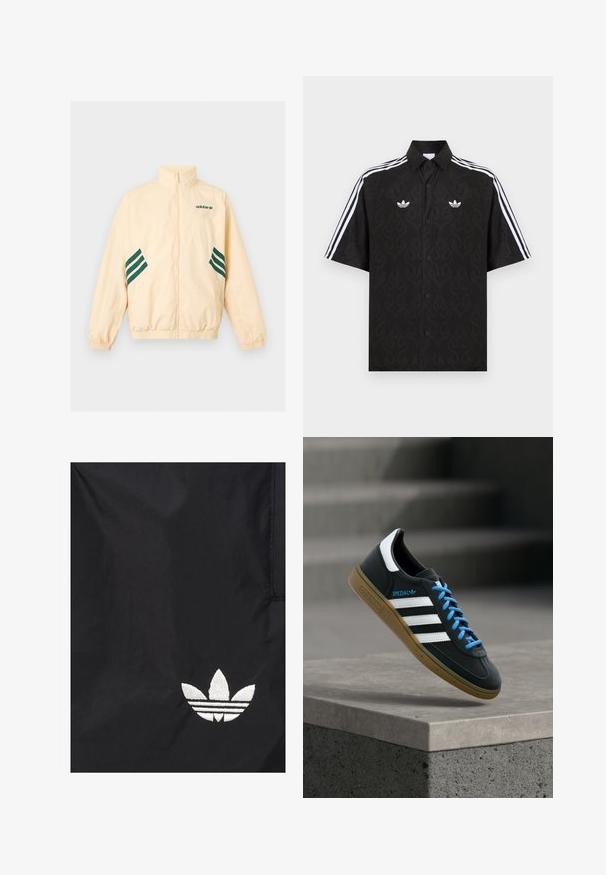 Heledat beeži värvi Adidas dressijakk kõrge kraega, täieliku eesmise luku, elastsete mansettide ja äärega ning tumerohelise Adidas logo ja triipudega külgedel.; Must lühikeste varrukatega särk, millel on peen leekide muster, valged Adidas Trefoil logod rinnal ja valged kolmiktriibud varrukatel.; Must riie musta Adidas trefoil-logo valge tikandiga alumise parempoolse nurga lähedal.; Must Adidas toss valgete triibu, siniste paelte ja kummist tallaga, hõljuv pehme valgusega halli betoonastme kohal.