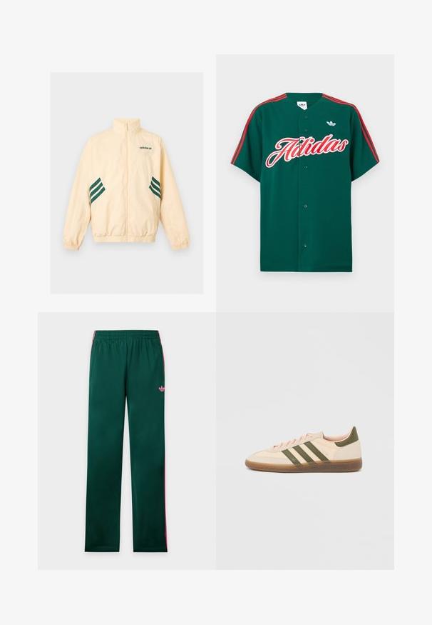 Φωτεινό μπεζ αθλητικό μπουφάν Adidas με ψηλό γιακά, φερμουάρ εμπρός, ελαστικές μανσέτες και τελείωμα, και σκούρο πράσινο λογότυπο Adidas και ρίγες στα πλάγια.; Πράσινη κοντομάνικη ζακέτα με κόκκινες ρίγες στους ώμους, λευκό κεντητό κείμενο "Adidas" και μικρό λογότυπο στην επάνω αριστερή πλευρά.; Πράσινο παντελόνι φόρμας με ροζ πλαϊνές ρίγες, ελαστική μέση, τσέπες και μικρό ροζ λογότυπο Adidas στο αριστερό μηρό.; Χαμηλού προφίλ μπεζ αθλητικό παπούτσι Adidas Spezial με πράσινες ρίγες, σόλα από καουτσούκ και την επωνυμία "SPEZIAL" στην πλευρά, εμφανίζεται από την εξωτερική πλευρά.