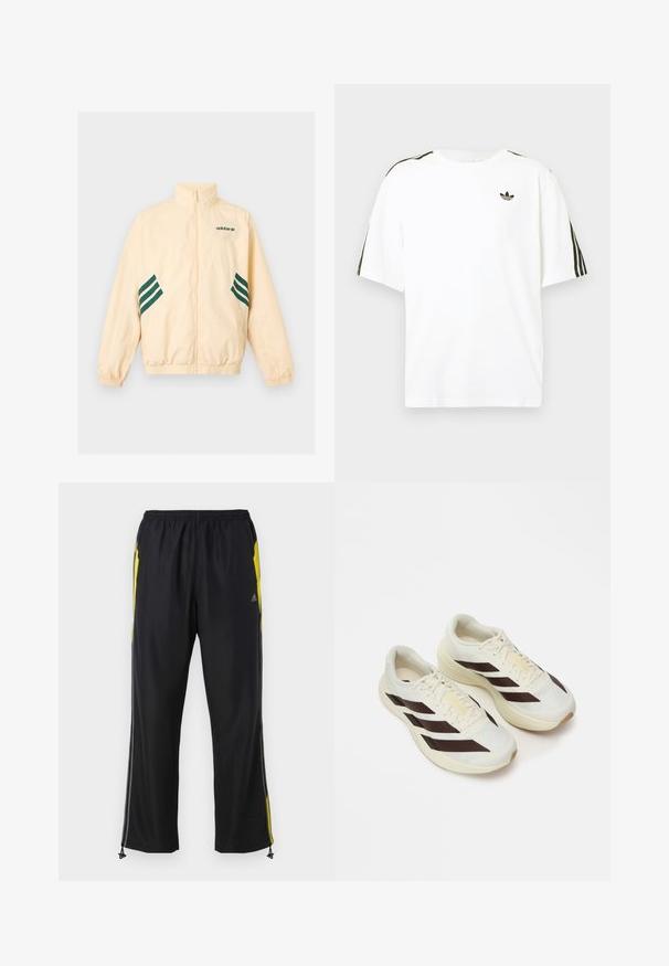 Lyse beige Adidas træningsjakke med høj krave, fuld frontlynlås, elastiske manchetter og kant samt mørkegrønt Adidas-logo og striber på siderne.; Hvid bomuld t-shirt med korte ærmer, prydet med sorte tre-stribede detaljer på skuldrene og et lille sort logo på brystet.; Sorte træningsbukser med gule sideaccenter, elastisk talje og lynlåslommer på siden. Fremstillet af let og glat stof.; Lysecreme løbesko med mørkebrune diagonale striber, tekstureret mesh-overdel og polstret sål. Har gule "ADIZERO" branding.
