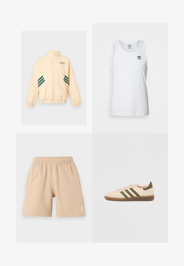 Φωτεινό μπεζ αθλητικό μπουφάν Adidas με ψηλό γιακά, φερμουάρ εμπρός, ελαστικές μανσέτες και τελείωμα, και σκούρο πράσινο λογότυπο Adidas και ρίγες στα πλάγια.; Λευκή ριμπ μπλούζα χωρίς μανίκια με στρογγυλή λαιμόκοψη, μαύρο λογότυπο Adidas στην αριστερή πλευρά του στήθους και άνετη εφαρμογή. Μαλακό βαμβακερό υλικό.; Μπεζ σορτς με ελαστική μέση, πλαϊνές τσέπες και ένα μικρό λευκό λογότυπο Adidas στο αριστερό πόδι, εμφανίζεται σε απλό φόντο.; Χαμηλού προφίλ μπεζ αθλητικό παπούτσι Adidas Spezial με πράσινες ρίγες, σόλα από καουτσούκ και την επωνυμία "SPEZIAL" στην πλευρά, εμφανίζεται από την εξωτερική πλευρά.