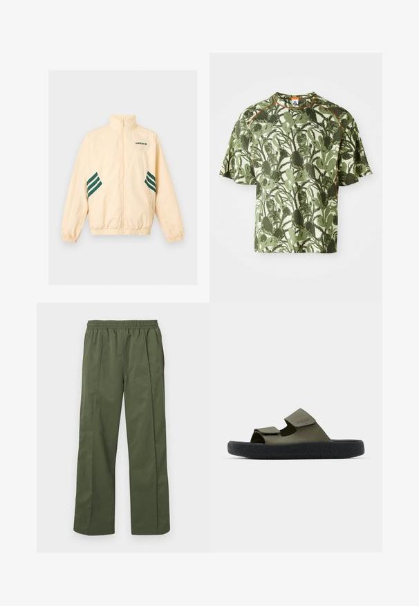 Lyse beige Adidas træningsjakke med høj krave, fuld frontlynlås, elastiske manchetter og kant samt mørkegrønt Adidas-logo og striber på siderne.; Grøn kortærmet t-shirt med et struktureret bladmønster, der har en orange detalje ved kraven og en afslappet pasform. Lavet af åndbart materiale.; Grønne, letvægts, bukser med vide ben, elastisk talje og sidelommer. Glat tekstur med løs pasform, designet til komfort.; Grønne gummisandaler med to justerbare remme og en tekstureret sort sål med et dækmønster. Brandlogo synligt på remmen.