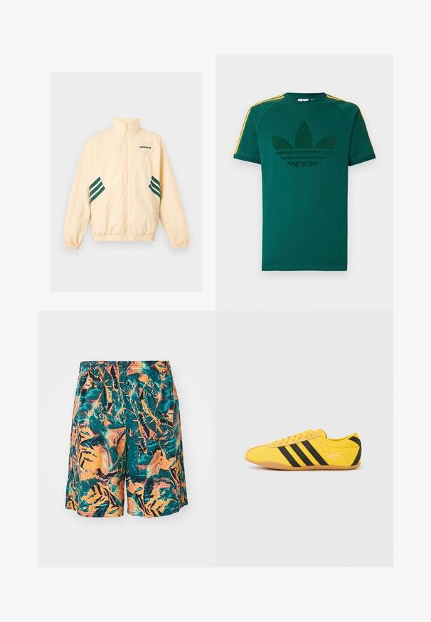 Lyse beige Adidas træningsjakke med høj krave, fuld frontlynlås, elastiske manchetter og kant samt mørkegrønt Adidas-logo og striber på siderne.; Grøn T-shirt med korte ærmer med mørkegrønt Adidas trefoil-logo og gule striber på skuldrene mod en hvid baggrund.; Badetights med et mønster af orange, teal og sorte jungleblade, lavet af letvægtsstof med en elastisk talje for komfort.; Gul atletiksko med en tekstureret overdel, der har sorte striber og logo. Rundt tå, blød sål og zigzag-mønster på materialet.
