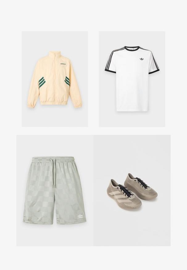 Hellbeige Adidas Trainingsjacke mit hohem Kragen, durchgehendem Frontreißverschluss, elastischen Bündchen und Saum sowie dunkelgrünem Adidas-Logo und Streifen an den Seiten.; Weißes Baumwoll-T-Shirt mit schwarzem Rippenkragen und Ärmeln, mit drei schwarzen Streifen auf jeder Schulter und einem kleinen Logo auf der Brust.; Umbro FOOTBALL SHORT - Jogginghose - harbor mist; Paar beiger Sportschuhe mit schwarzen Schnürsenkeln, mit einem strukturierten, gestreiften Muster und drei Seitenstreifen auf einfarbigem Hintergrund.