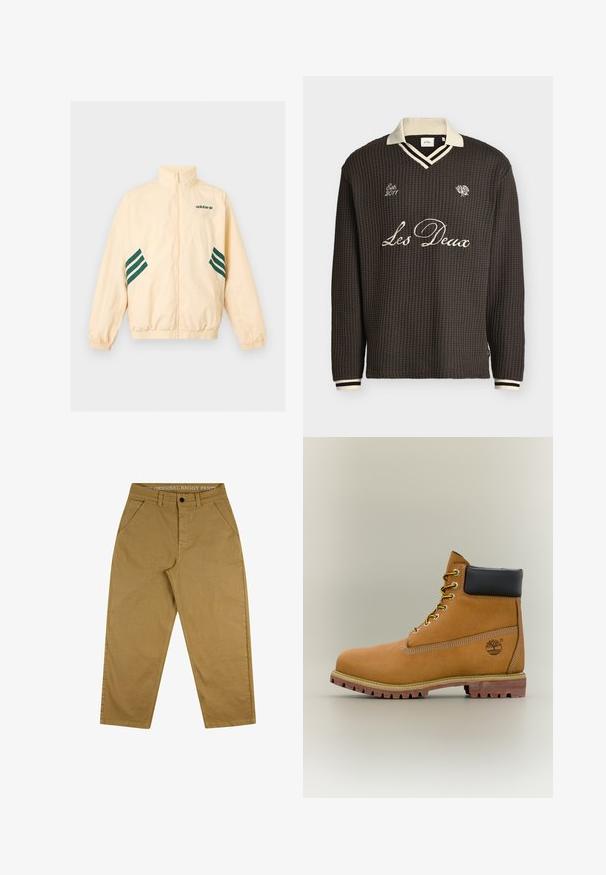 Heledat beeži värvi Adidas dressijakk kõrge kraega, täieliku eesmise luku, elastsete mansettide ja äärega ning tumerohelise Adidas logo ja triipudega külgedel.; Tumepruun võrgutatud pika varrukaga kampsun kreemja kraega, triibuliste mansettidega ja esiküljel tikkimistekstiga "Les Deux" ja "Est. 2011".; Kerged püksid, mis on valmistatud vastupidavast puuvillast. Omab nööbiga sulgemist, viie-tasku disaini ja silti vööl, millel on tekst.; Pruun nahast pahkluu saabas musta kraega, kollaste paelte ja beežide tallaga. Omab logo ja valge õmbluse detaile. Tugeva haardega välistald.