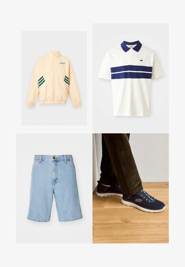 Lyse beige Adidas træningsjakke med høj krave, fuld frontlynlås, elastiske manchetter og kant samt mørkegrønt Adidas-logo og striber på siderne.; Hvid polo skjorte med marineblå striber på tværs af brystet og kraven. Har korte ærmer og et lille logo på venstre side nær kraven.; Lysblå denim shorts med en afslappet pasform, der har lynlås og knaplukning samt fire lommer. Stoffet har en glat tekstur.; Marine mesh sneakers med hvide såler, der har elastiske snørebånd og et logodesign. Afslappet stil med en let konstruktion.