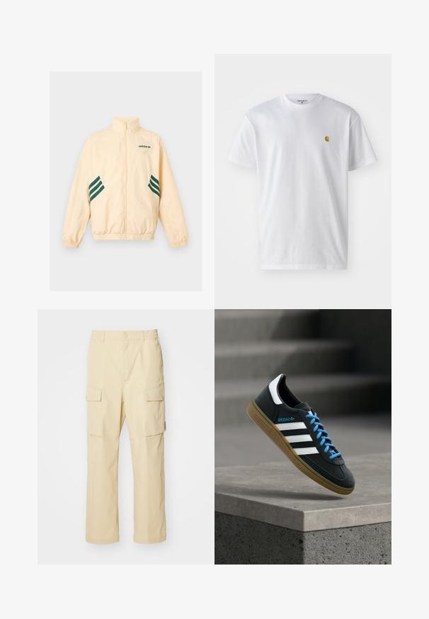 Φωτεινό μπεζ αθλητικό μπουφάν Adidas με ψηλό γιακά, φερμουάρ εμπρός, ελαστικές μανσέτες και τελείωμα, και σκούρο πράσινο λογότυπο Adidas και ρίγες στα πλάγια.; Λευκό βαμβακερό T-shirt με κοντά μανίκια, κλασική λαιμόκοψη, που διαθέτει ένα μικρό χρυσό λογότυπο στην αριστερή περιοχή του στήθους. Μαλακή υφή και κανονική εφαρμογή.; Μπεζ cargo παντελόνι φτιαγμένο από ύφασμα με ελαστική ζώνη και κλείσιμο με κουμπί. Διαθέτει δύο πλαϊνές τσέπες και απλό σχέδιο.; Μαύρο αθλητικό παπούτσι Adidas με λευκές ρίγες, μπλε κορδόνια και καουτσούκ σόλα να αιωρείται πάνω από γκρίζο τσιμεντένιο σκαλοπάτι σε απαλό φως.