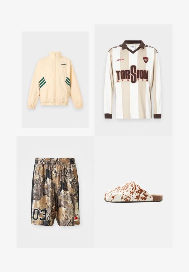 Veste de survêtement Adidas beige clair avec col montant, fermeture éclair intégrale à l'avant, poignets et ourlet élastiques, et logo Adidas ainsi que des bandes vert foncé sur les côtés.; Maillot de football à manches longues rayé beige et blanc ; doté d'un col et de poignets marron, d'un grand logo rouge "TORSION SYSTEM" et de la marque adidas.; Shorts camouflés avec une taille élastique, présentant un mélange de marrons et de noirs, un grand "03" en blanc et un logo Adidas en rouge.; Chaussure mule à enfiler avec motif moucheté blanc et marron et semelle en liège plate sur fond uni.