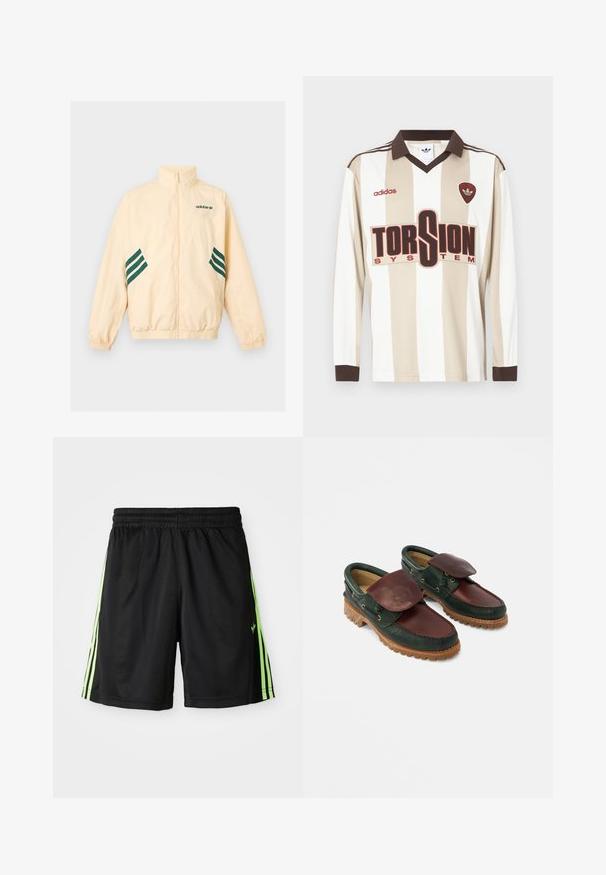 Vaaleanbeige Adidas verkkatakki, jossa korkea kaulus, täysi vetoketju edessä, joustavat hihansuut ja helmassa, sekä tummanvihreä Adidas-logo ja raidat sivuilla.; Pitkähihainen beige- ja valkoraidallinen jalkapallopaita; siinä on ruskea kaulus ja hihansuut, suuri punainen "TORSION SYSTEM" -logo sekä adidas-brändäys.; Mustat urheilushortsit, joissa on joustava vyötärö, ja kummallakin puolella on kaksi pystysuoraa neonvihreää raitaa sekä pieni logo vasemmalla edessä.; Nahkakengät, joissa on tummanvihreä runko, viininpunainen yläosa, pyöreä kärki, kiinnitetty läppä ja kuvioitu kumipohja urilla.