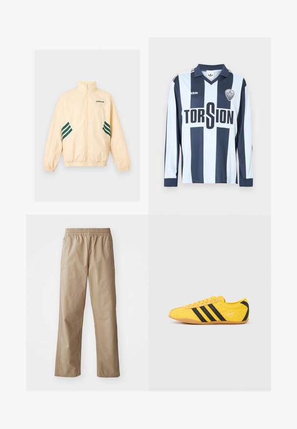 Svetlo béžová Adidas tréningová bunda s vysokým golierom, celopredným zipsom, elastickými manžetami a spodným lemom, s tmavozeleným logom Adidas a pruhmi na bokoch.; Dres na futbal s dlhými rukávmi, obsahujúci zvislé svetlomodré a tmavomodré pruhy, golier a nápis „TORSION“ v tučnom čiernom písme.; Béžové ľahké nohavice s elastickým pásom, rovnými nohavicami a bočnými vreckami. Hladká textúra s jemnými švami.; Žltá športová obuv s textúrovaným zvrškom, s čiernymi pruhmi a logom. Zaoblená špička, mäkká podrážka a vzor v tvare cik-cak na materiáli.