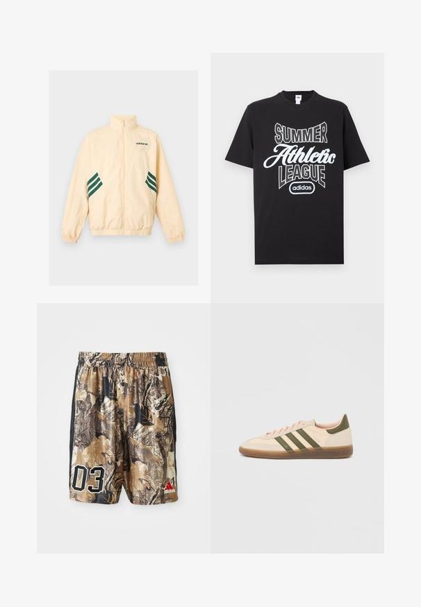 Heledat beeži värvi Adidas dressijakk kõrge kraega, täieliku eesmise luku, elastsete mansettide ja äärega ning tumerohelise Adidas logo ja triipudega külgedel.; Mustast puuvillast T-särk, millel on valged graafilised tekstid: "SUMMER ATHLETIC LEAGUE" ja adidas logo all, lühikeste varrukatega ning ümar kaelusega disain.; Kameele šortsid elastse vöökohtaga, pruunide ja mustade toonide seguga, suured valged numbrid "03" ja punane Adidas logo.; Madalprofiilne beež Adidas Spezial toss rohelist värvi triipude, kummist tallaga ja "SPEZIAL" brändinguga küljel, nähtav välisküljelt.