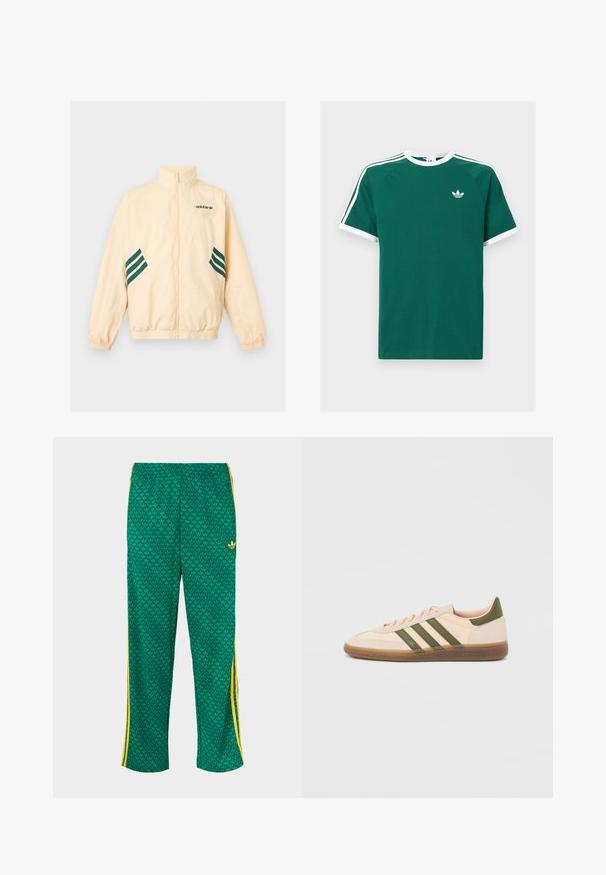 Φωτεινό μπεζ αθλητικό μπουφάν Adidas με ψηλό γιακά, φερμουάρ εμπρός, ελαστικές μανσέτες και τελείωμα, και σκούρο πράσινο λογότυπο Adidas και ρίγες στα πλάγια.; Πράσινο βαμβακερό μπλουζάκι με λευκές λεπτομέρειες, featuring κοντά μανίκια, στρογγυλή λαιμόκοψη και τρεις λευκές ρίγες σε κάθε ώμο. Μικρό λογότυπο στο στήθος.; Πράσινο αθλητικό παντελόνι με σχέδιο φύλλων, ελαστική μέση, κίτρινες πλαϊνές ρίγες, άνετη γραμμή.; Χαμηλού προφίλ μπεζ αθλητικό παπούτσι Adidas Spezial με πράσινες ρίγες, σόλα από καουτσούκ και την επωνυμία "SPEZIAL" στην πλευρά, εμφανίζεται από την εξωτερική πλευρά.