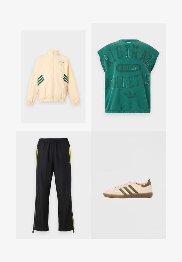 Svetlo béžová Adidas tréningová bunda s vysokým golierom, celopredným zipsom, elastickými manžetami a spodným lemom, s tmavozeleným logom Adidas a pruhmi na bokoch.; Zelené tielko Adidas bez rukávov s veľkým nápisom „Original Athletics“ vytlačeným rôznymi veľkými fontmi na prednej strane a logom Adidas pod ním.; Čierne športové nohavice s žltými bočnými akcentmi, elastickým pásom a zipsovými bočnými vreckami. Vyrobené z ľahkej, hladkej tkaniny.; Nízky béžový tenisky Adidas Spezial so zelenými pruhmi, gumovou podrážkou a nápisom „SPEZIAL“ na boku, zobrazené z vonkajšej strany.
