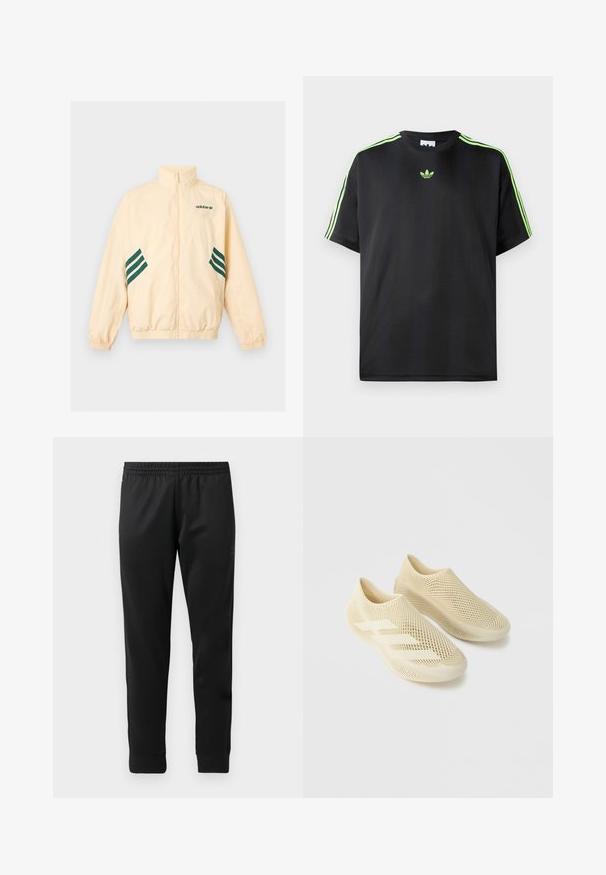 Heledat beeži värvi Adidas dressijakk kõrge kraega, täieliku eesmise luku, elastsete mansettide ja äärega ning tumerohelise Adidas logo ja triipudega külgedel.; Mustade särk, mis on valmistatud siledast kangast, ümmarguse kaelusega, millel on kolm roheline triipu õlgadel ja väike roheline logo rinnal.; Mustad mustad spordipüksid, mis on valmistatud siledast kangast, elastse vöökohtaga, kitsenevate jalgadega ja ribaga pahkluude juures.; Beezhitud võrgustikulaadse reststruktuuriga ning kolme triibuga beiged libisevad jalanõud ühtlasel helehallil taustal.